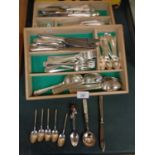 AN EIGHT PLACE FLATWARE SETTING BY WALKER AND HALL, SHEFFIELD TO INCLUDE A MOTHER OF PEARL HANDLE