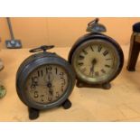 TWO VINTAGE MAHOGANY FLUTED DRUM CASE ALARM CLOCKS, ONE LARGE ONE SMALLER