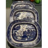THREE VERY LARGE WILLOW PATTERN MEAT PLATTERS