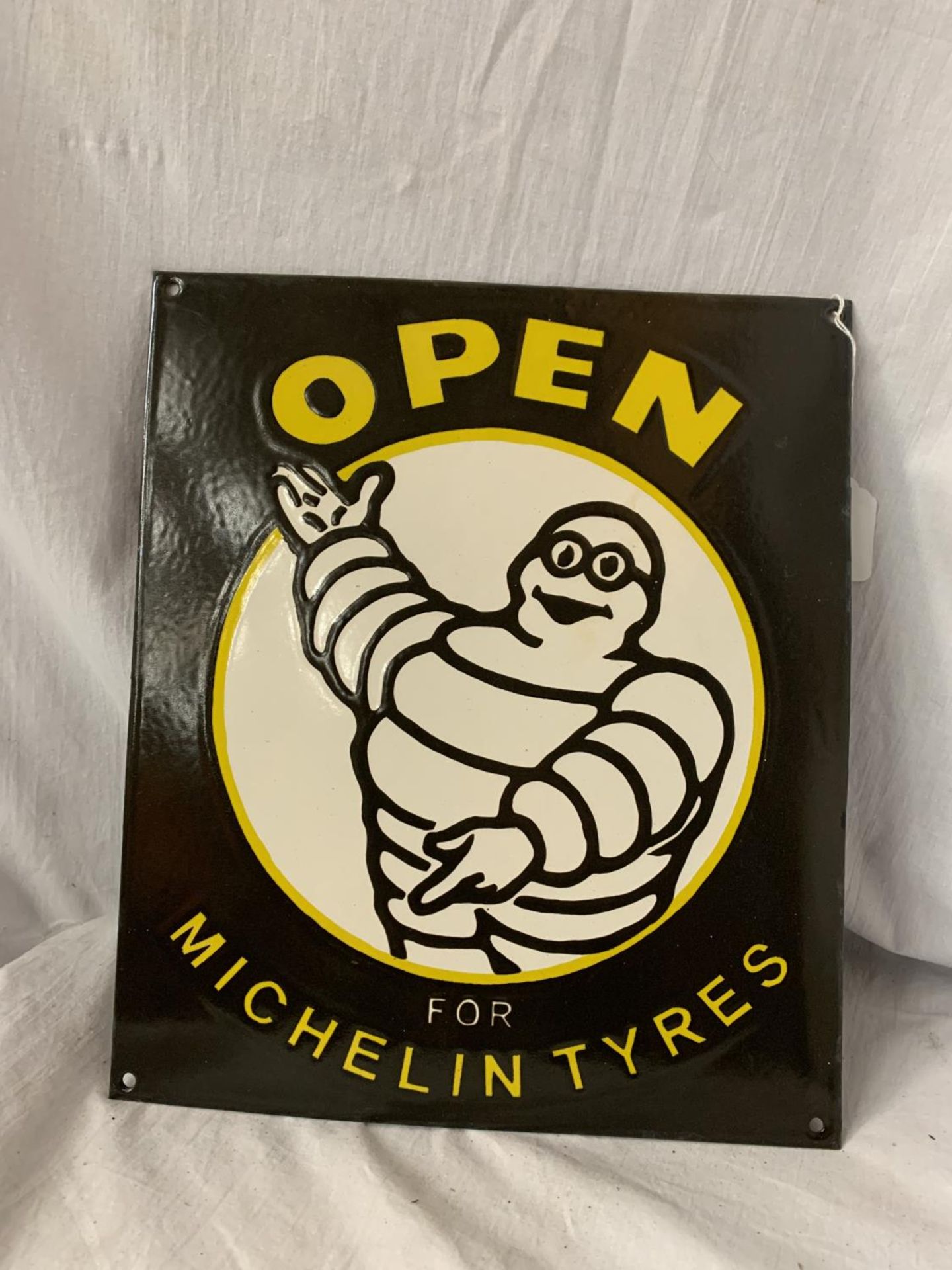 AN ENAMEL 'OPEN FOR MICHELIN TYRES' SIGN 30.5CM X 35.5CM