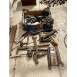 AN ASSORTMENT OF HAND TOOLS TO INCLUDE A BRACE DRILL, SPANNERS AND A GAS BOTTLE HANDLE