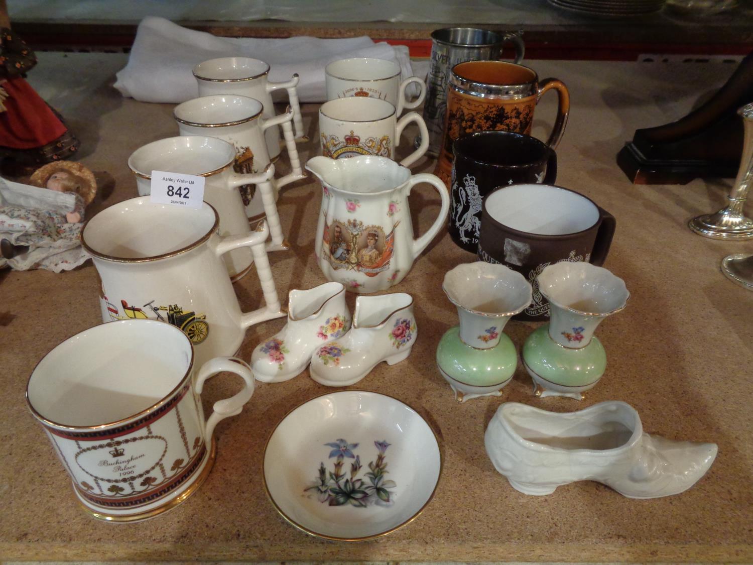 A QUANTITY OF COMMEMORATIVE CUPS TO INCLUDE TWO TANKARDS