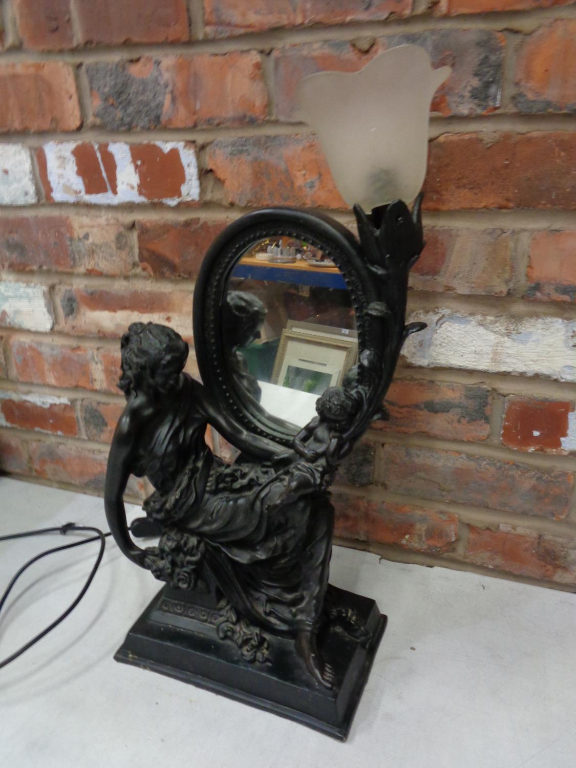 A VINTAGE COMPOSITE LAMP BASE IN THE FORM OF A MOTHER AND CHILD AND INCORPORATING AN OVAL MIRROR H: