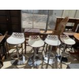 FOUR MODERN KITCHEN BAR STOOLS WITH CHROMIUM PLATED BASES AND FOOT RESTS (SOME CRACKING TO SEATS)