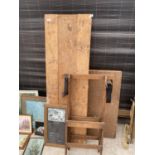 AN ASSORTMENT OF ITEMS TO INCLUDE A PASTING TABLE, A TRESTLE BASE AND A CHALK BOARD ETC