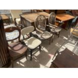 TWO WHEELBACK WINDSOR STYLE CHAIRS, VICTORIAN BEDROOM CHAIR AND 1950'S DINING CHAIR