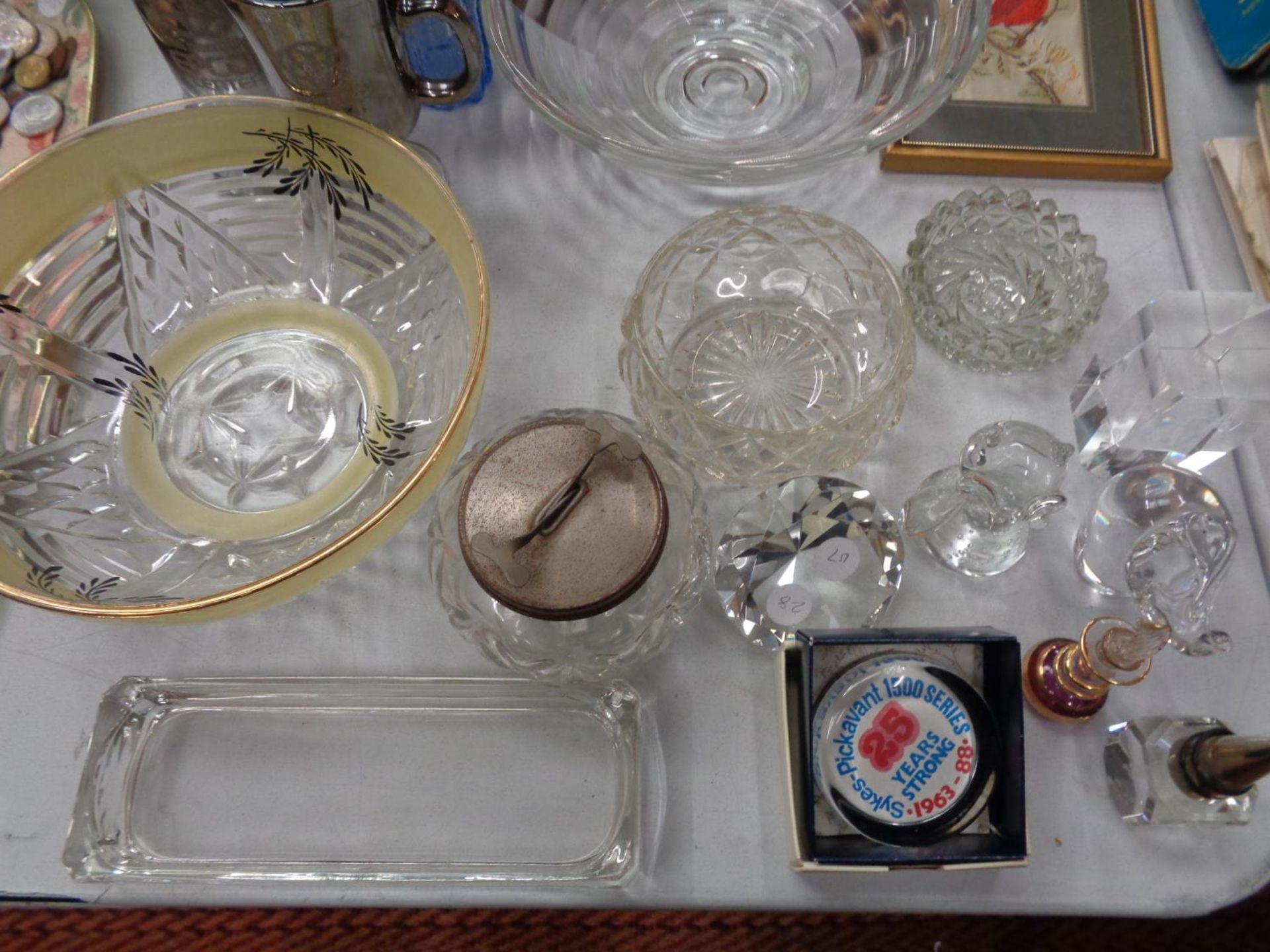 A COLLECTION OF GLASS WARE TO INCLUDE GLASS PAPERWEIGHTS, THREE EMBROIDERED BIRD PICTURES, LANTERN - Image 2 of 3