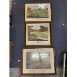 THREE LARGE WOODEN FRAMED AND SIGNED LIMITED EDITION PRINTS TWO WITH A GOLF THEME