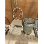 A GALVANISED GARDEN BIN AND A FURTHER DECORATIVE CHAIR