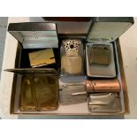 A BOX OF SIX VINTAGE LIGHTERS AND A TOBACCO BOX