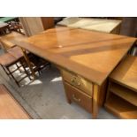 A MID 20th CENTURY SINGLE PEDESTAL OFFICE DESK WITH BRASS HANDLES 54" X 34"