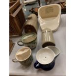 AN EARTHENWARE BED WARMER AND FOOT WARMER, THREE VINTAGE SHAVING MUGS AND A WINTON VINTAGE SLIPPER