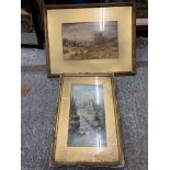 TWO FRAMED PRINTS, ONE BEING AN ANTIQUE GILT FRAMED FARM SCENE SIGNED W. RANDALL 44CM X 58CM. THE
