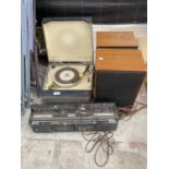 A VINTAGE FERGUSON RECORD PLAYER, A PAIR OF SPEAKERS AND A SHARP RADIO