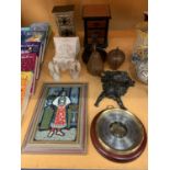 AN ECLECTIC COLLECTION OF VARIOUS ITEMS TO INCLUDE A BAROMETER, TWO SMALL DECORATIVE CHESTS OF