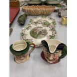 A SYLVAC BOWL, TWO SYLVAC CHARACTER JUGS, A SADLER CUCUMBER DISH AND A PAIR OF COPELAND SPODE PLATES