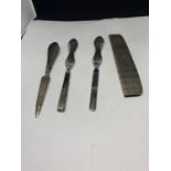 FOUR SILVER ITEMS TO INCLUDE A NAIL CARE AND COMB CASE