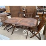 A TEAK GARDEN FURNITURE SET WITH A TABLE AND FOUR CHAIRS