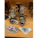 A COLLECTION OF CERAMIC JUGS TO INCLUDE A TEA POT AND A CHARACTER JUG