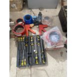 AN ASSORTMENT OF TOOLS TO INCLUDE A BOTTLE JACK, PIPE COUPLINGS AND FILES ETC