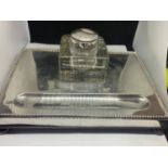 A SILVER PEN TRAY AND INKWELL