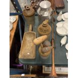 A QUANTITY OF VINTAGE ITEMS TO INCLUDE A WOODEN FLOUR SCOOP, A BUGLE AND EARTHENWARE FLAGONS ETC