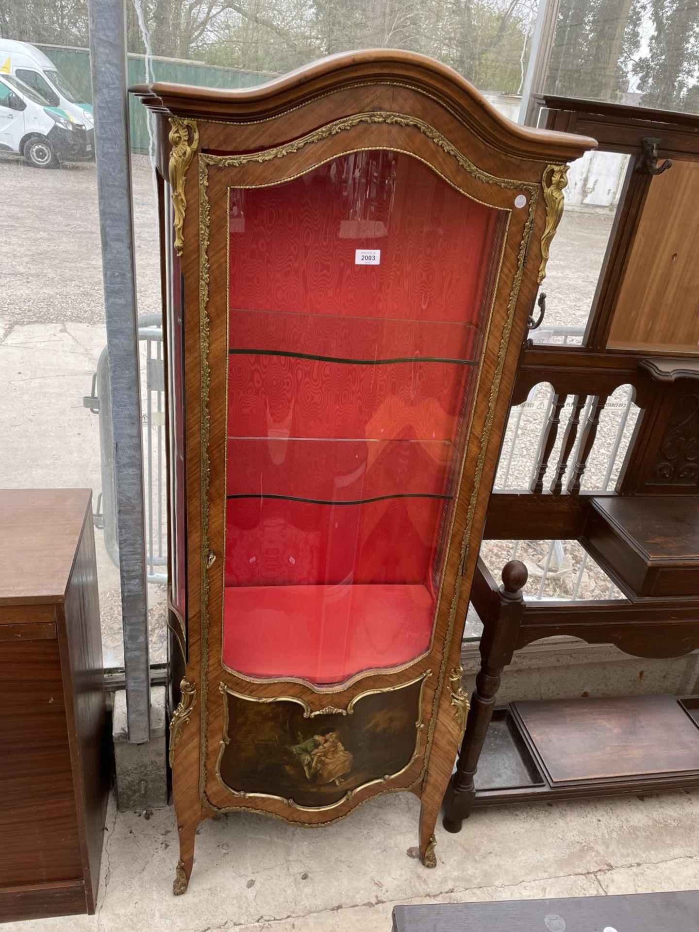 A LOUIS XVI STYLE WALNUT BOWFRONTED DISPLAY CABINET WITH PAINTED PANELS AND APPLIED GILT METAL - Image 2 of 8