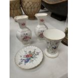A TRIO OF COALPORT VASES AND A WEDGWOOD TRINKET TRAY