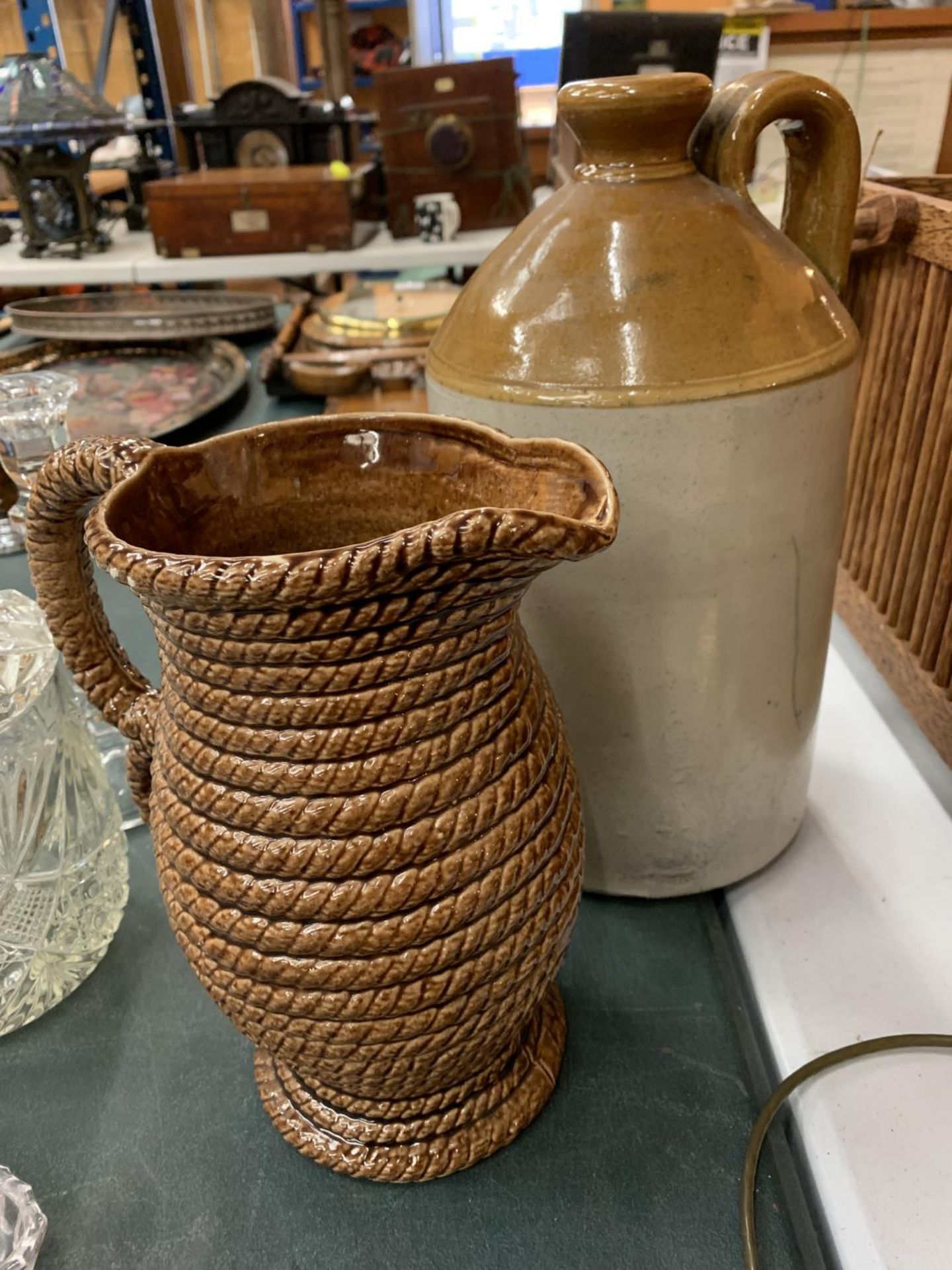 A LARGE EARTHENWARE FLAGON, A GOVENCROFT OF GLASGOW JUG WITH ROPE DESIGN, A GLAZED VINTAGE POT AND - Image 3 of 3