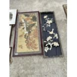 A BLACK LACQUERED ORIENTAL PANEL AND AN ORIENTAL PRINT