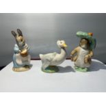 THREE BESWICK BEARTRIX POTTER FIGURINES TO INCLUDE BENJAMIN BUNNY, MRS RABBIT COOKING AND REBECCAH