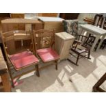 A PAIR OF FOLDING CHAIRS, LOCKER, SQUARE TABLE AND FIRESIDE STOOL