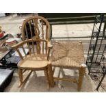 A WOODEN CHILDRENS ROCKING CHAIR AND A FURTHER WEAVE TOPPED STOOL