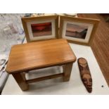 TWO FRAMED PHOTOGRAPHS AND A SMALL WOODEN STOOL ETC
