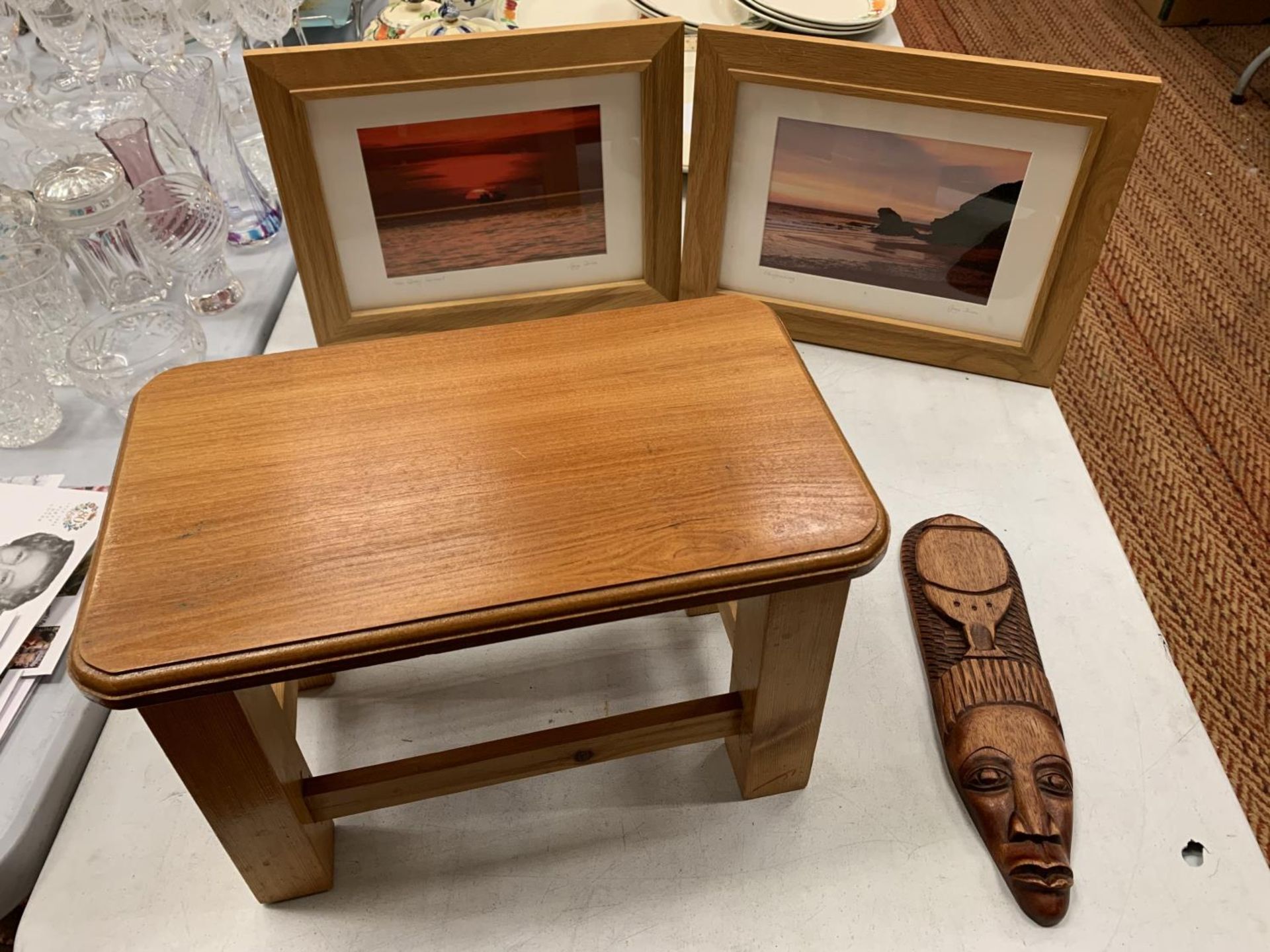 TWO FRAMED PHOTOGRAPHS AND A SMALL WOODEN STOOL ETC