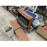 AN ASSORTMENT OF HOUSEHOLD CLEARANCE ITEMS TO INCLUDE DECK CHAIRS, CERAMICS AND A FIRE ETC