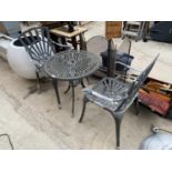 A PAINTED CAST ALLUMINIUM BISTRO SET WITH ROUND TABLE AND TWO CHAIRS