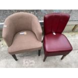 A MODERN BEIGE BEDROOM CHAIR AND SMALL RED LEATHER CHAIR