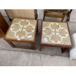 A PAIR OF RETRO TEAK FRAMED LAMP TABLES WITH INSET TILED TOP, BOTH 17.5" SQUARE