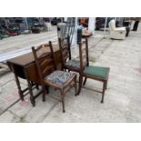 A REPRODUCTION OAK GATELEG TABLE AND THREE LADDERBACK CHAIRS