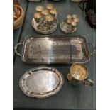 FIVE SILVER PLATE TRAYS TO INCLUDE ELEVEN GOBLETS AND A TANKARD