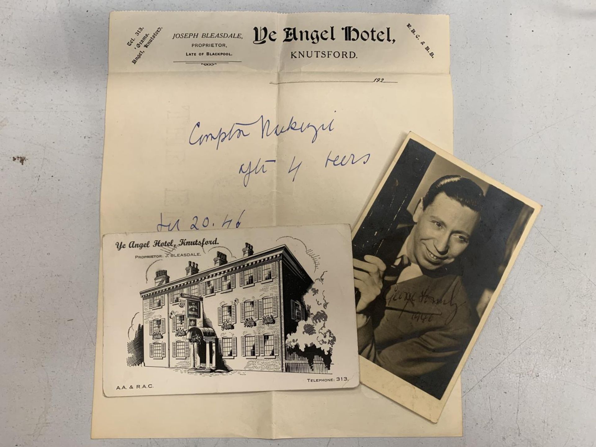 A RECIEPT SIGNED COMPTON MACKENZIE FROM 'THE ANGEL HOTEL' KNUTSFORD DATED 1946, A POSTCARD OF THE