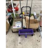 AN ASSORTMENT OF HOUSEHOLD CLEARANCE ITEMS TO INCLUDE A GARDEN SPREADER, PLANT POTS ETC