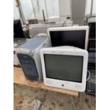 AN APPLE COMPUTER HARD DRIVE, AN IMAC COMPUTER MONITOR AND A FURTHER EMAC SCREEN
