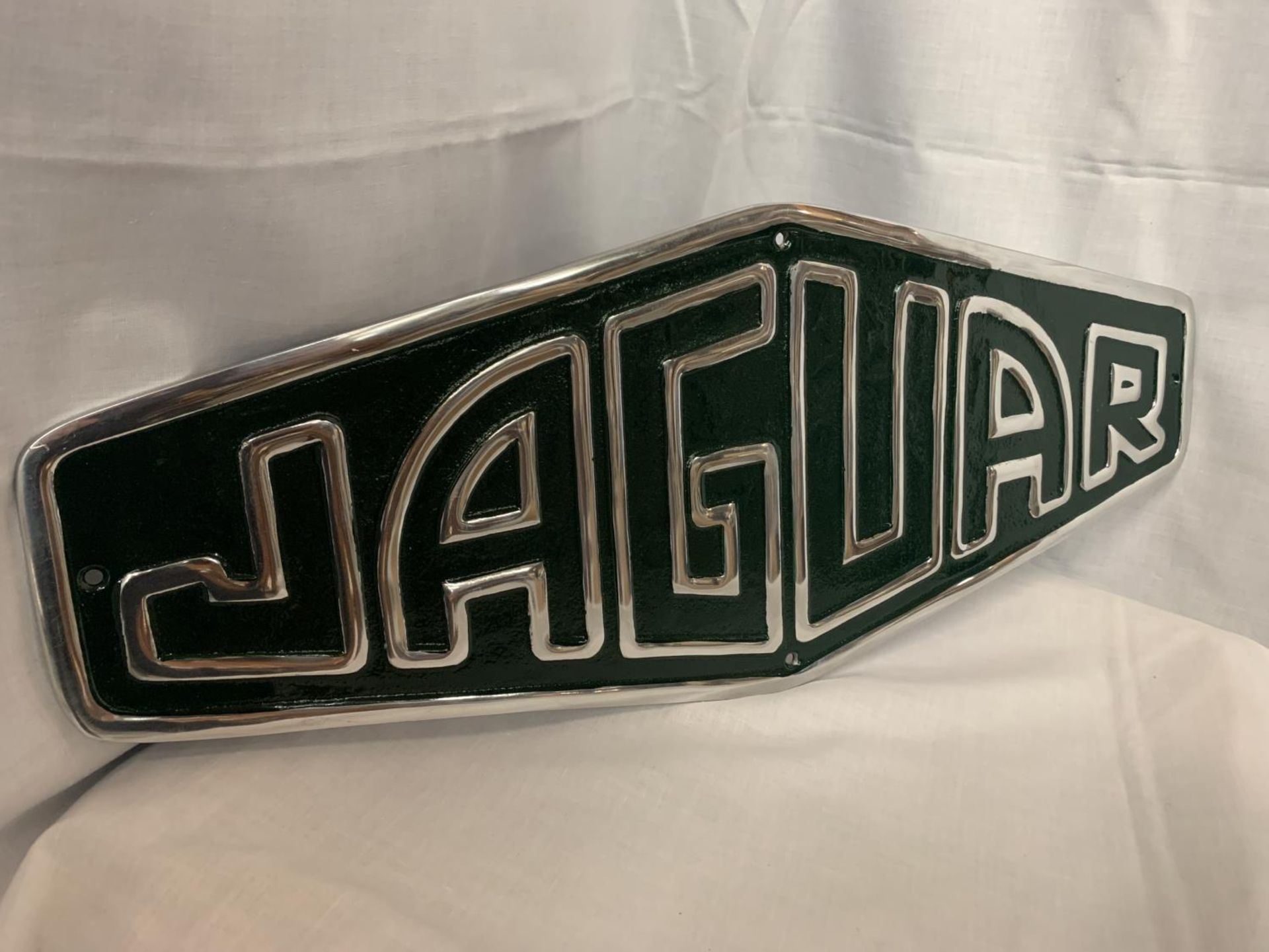 A LARGE RACING GREEN 'JAGUAR' SIGN WITH CHROME DETAIL 22.5CM X 59CM - Image 2 of 2