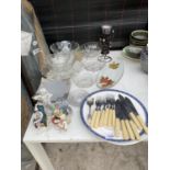 AN ASSORTMENT OF ITEMS TO INCLUDE FLATWARE, GLASS DISHES ETC