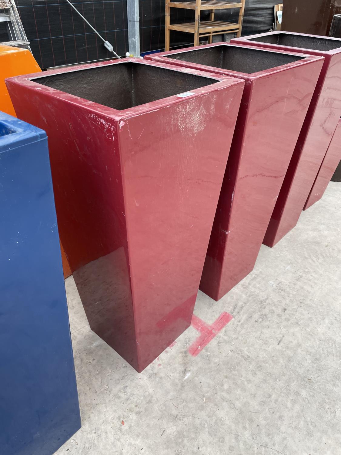 A PAIR OF RED SQUARE FIBRE GLASS PLANTERS (H:89CM) - Image 2 of 2