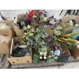AN ASSORTMENT OF HOUSEHOLD CLEARANCE ITEMS TO INCLUDE CANDLE STICKS, ARTIFICIAL FLOWERS ETC