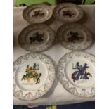 A SET OF SIX FINE BONE CHINA PLATES DEPICTING MEDIEVAL KNIGHTS AND THEIR HORSES IN BATTLE