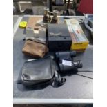 AN ASSORTMENT OF ITEMS TO INCLUDE BINOCULARS, A CAMERA AND CIGAR BOX